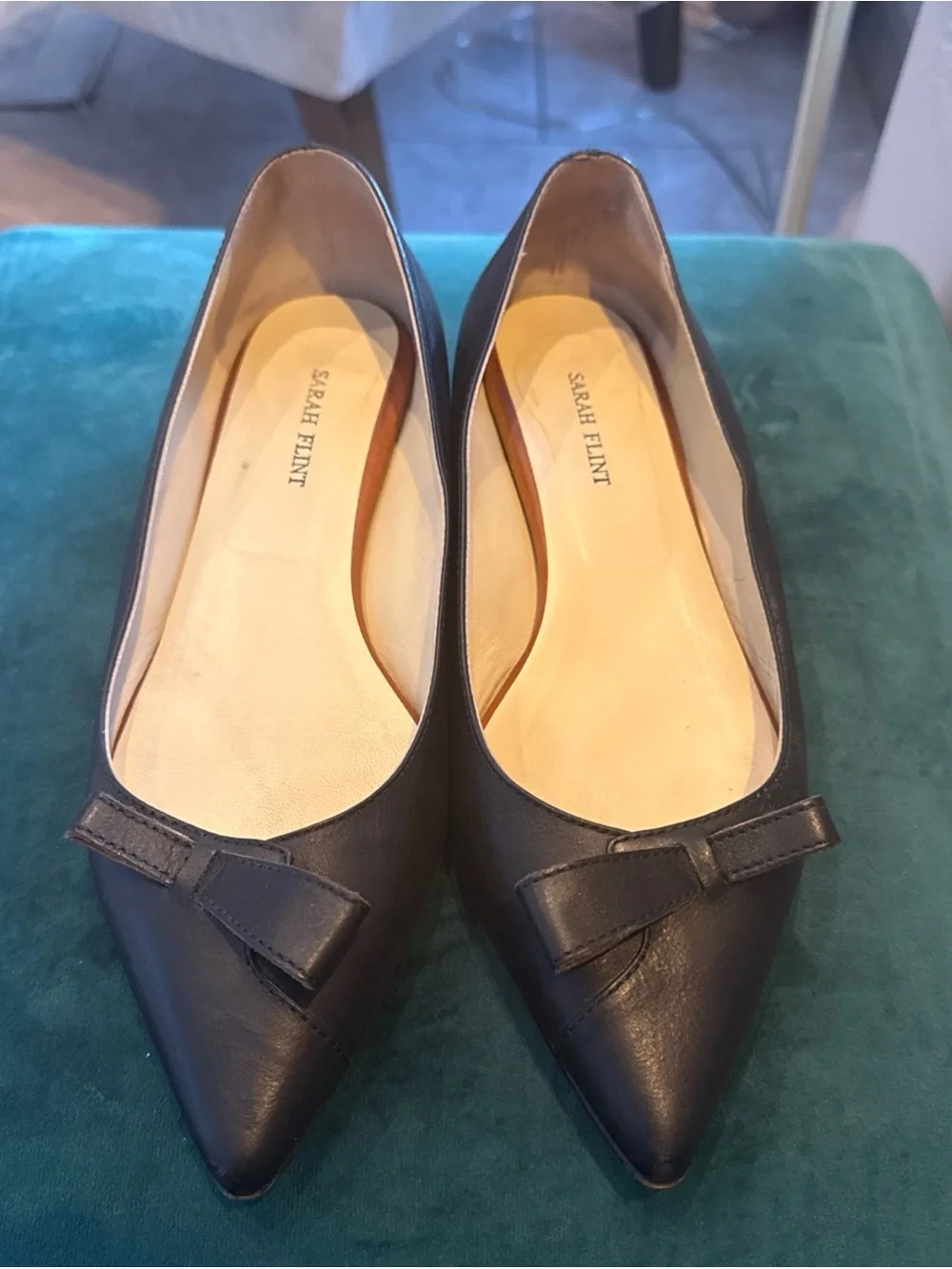 Sarah Flint Black Pointed Toe Bow Flats - Women's Dress Shoes